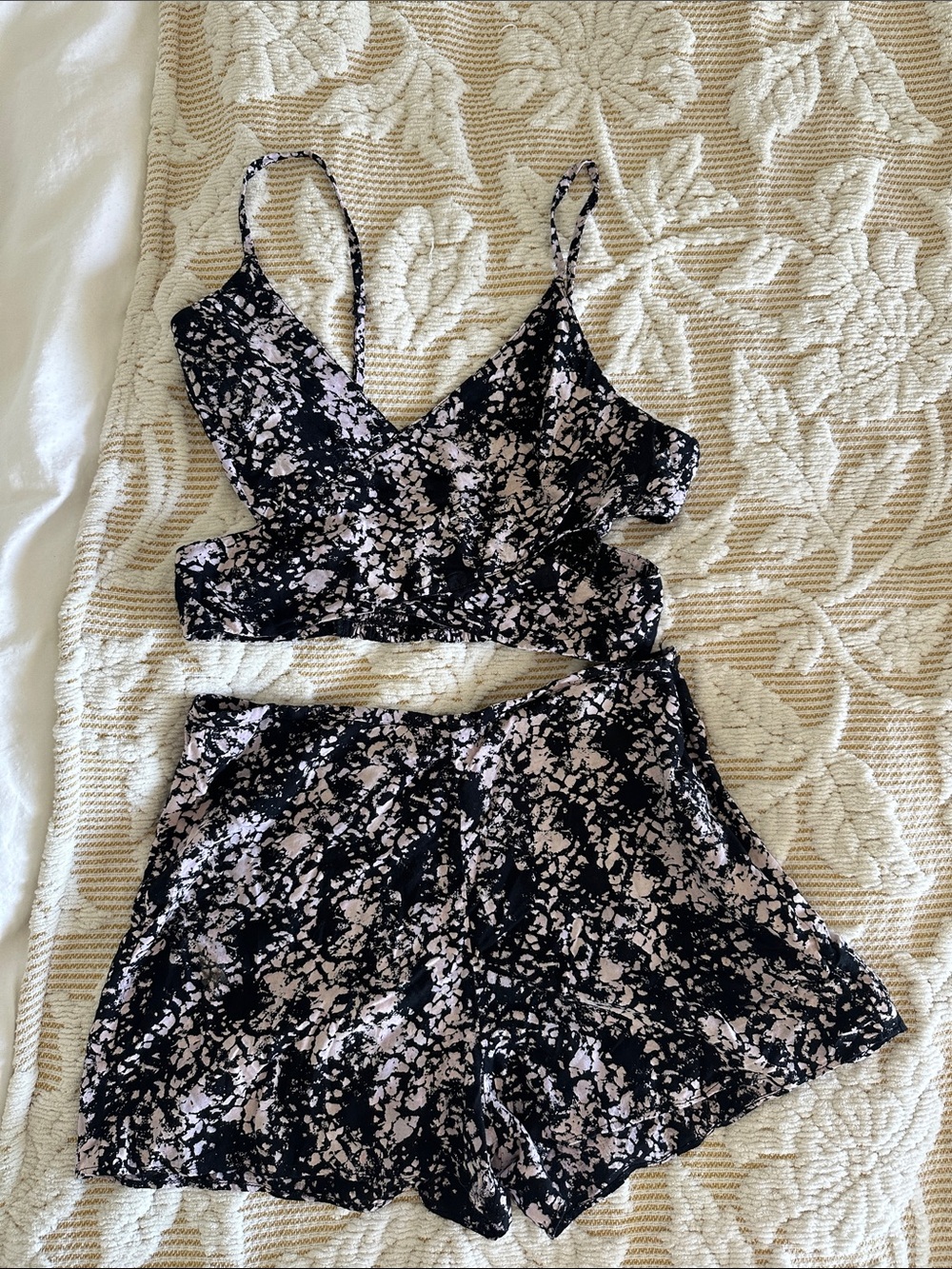 Black & Light Pink Marble Print Crop Top and Shorts Set